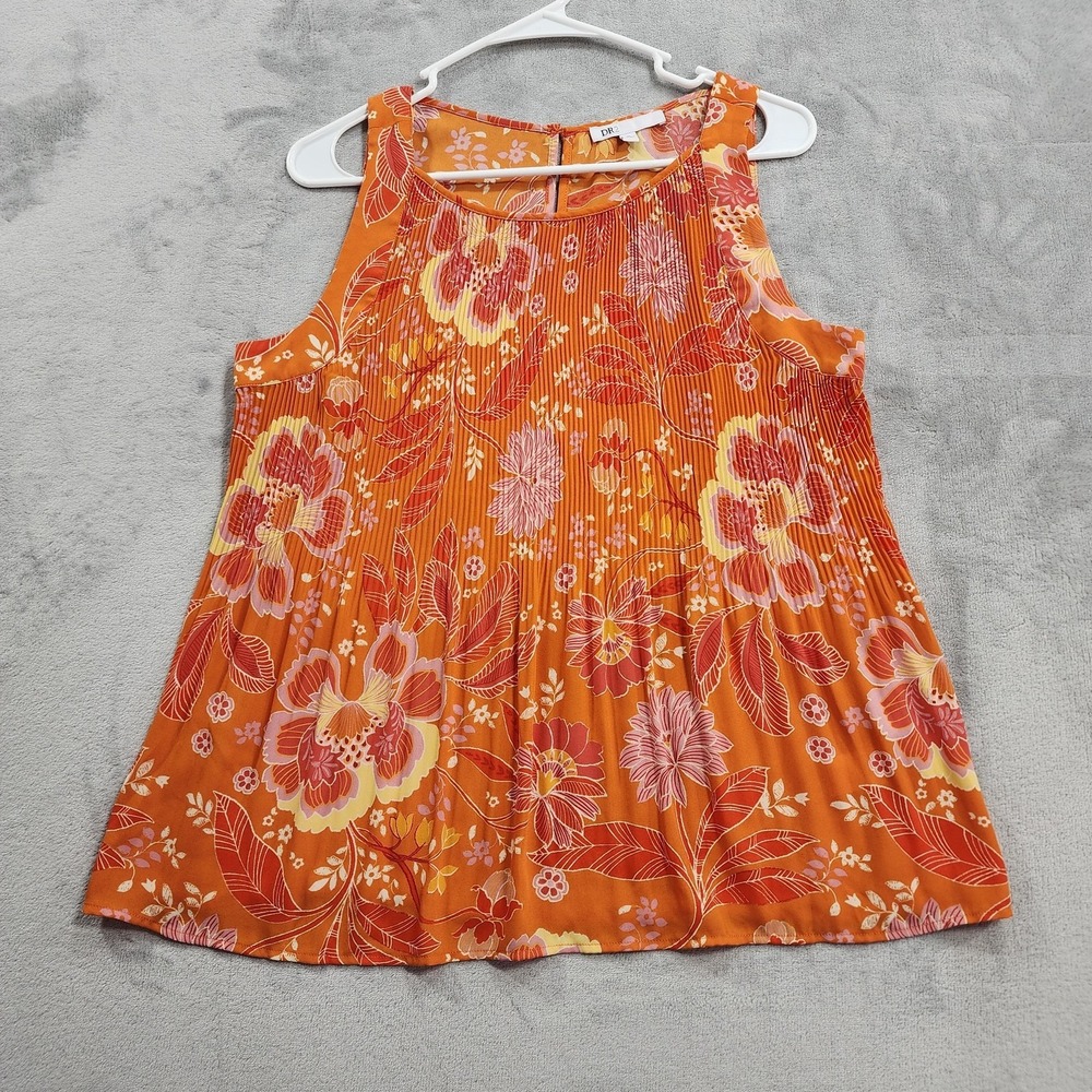 DR2 Tank Womens M Orange Floral Pleated Chiffon Scoop Neck Sleeveless Top Boho